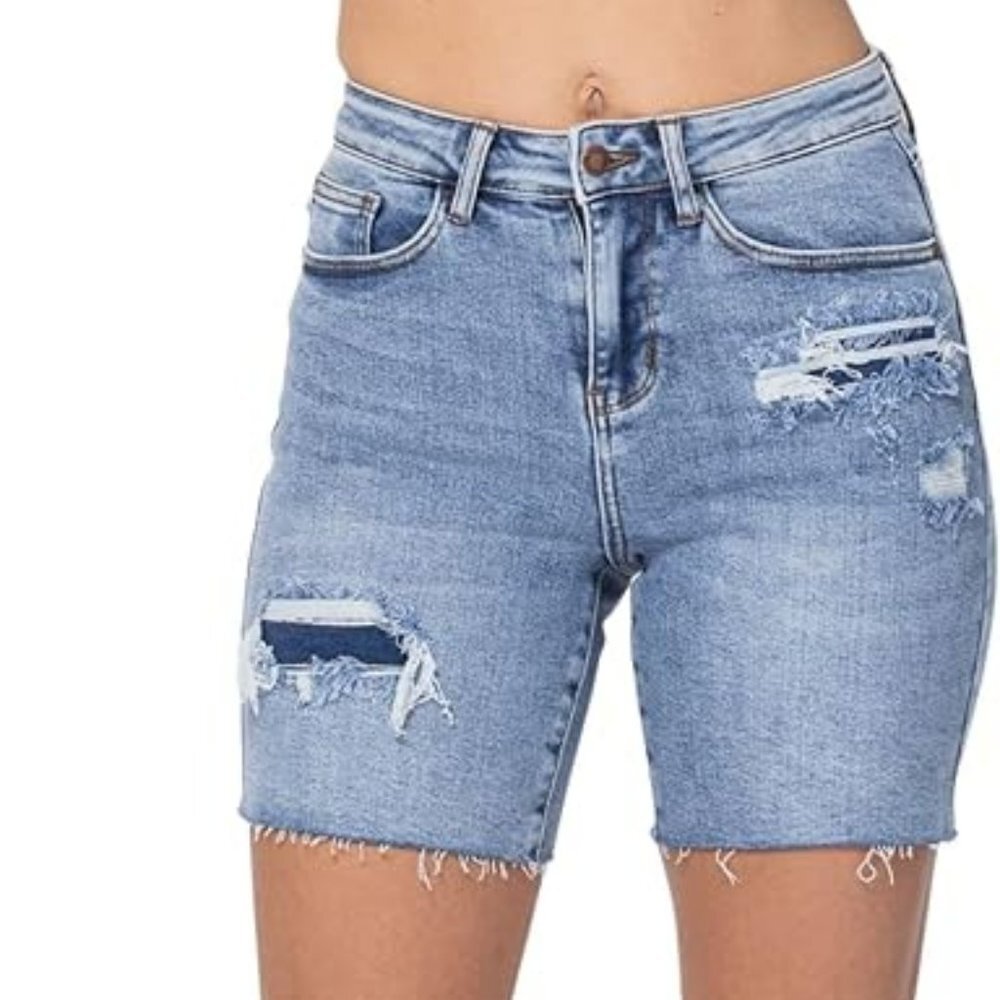 Judy Blue High-Waist Mid-Length Denim Patch Shorts